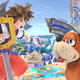 A spiky-haired youth wielding a large key stares shocked at a dog with a duck riding on its back.
